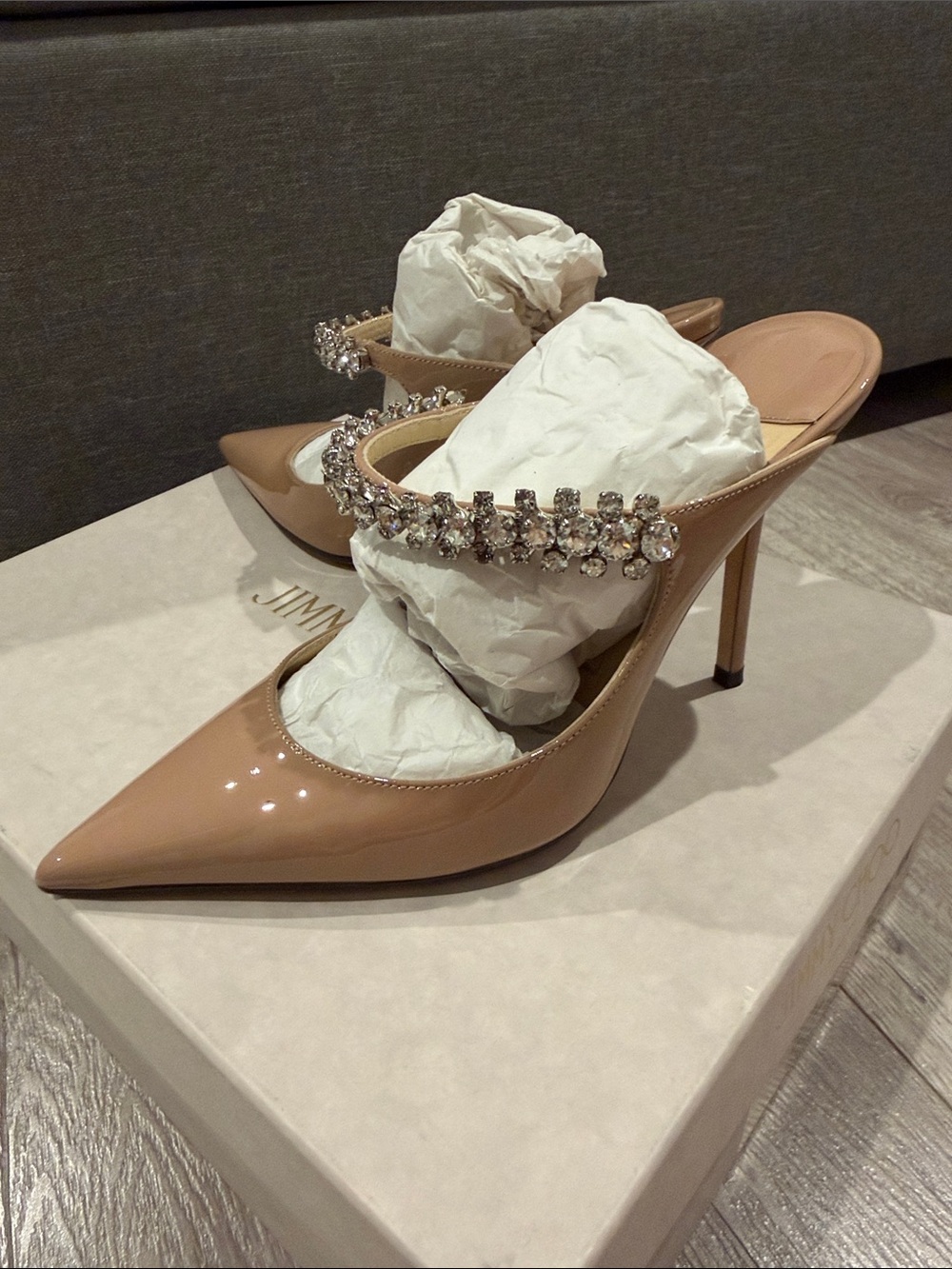 Jimmy Choo Beige Patent Leather Crystal-Embellished Pointed Mules - Picture 3 of 6